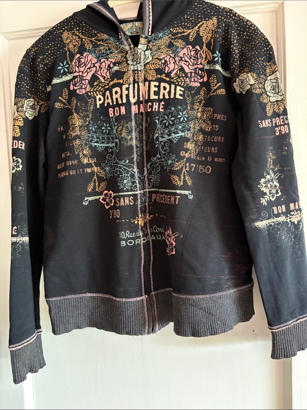 Vanilla Sugar Black Hoodie with Pink and Gold Floral Graphics